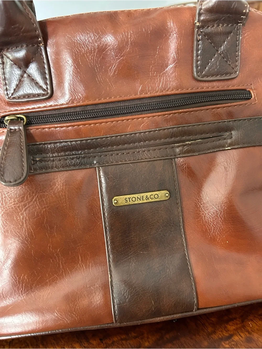 Stone & Co Purse Handbag Faux Leather Two Toned Brown Vintage Domed Satchel